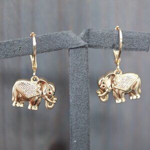 Elephant with CZ Diamond Style Huggie Dangling Earrings 18k Gold Plated